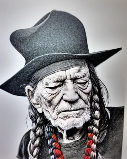 Prompt: a photorealistic portrait of willie nelson with head ban, pencil drawing