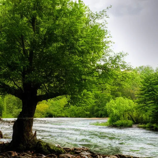 Prompt: very detailed photo of tree near a river, 4k, nature, superrealistic, widescreen, wide angle