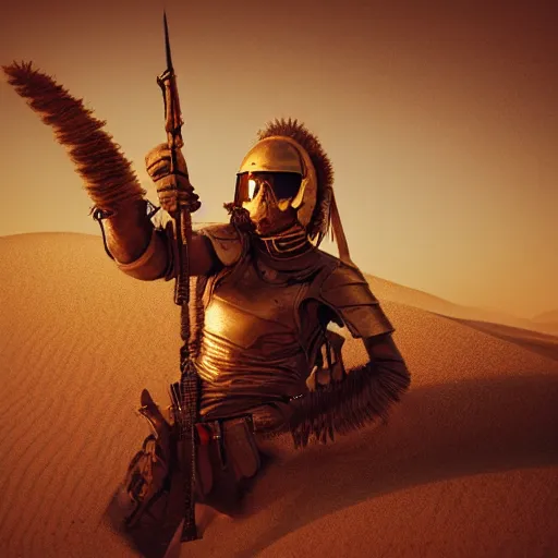 Image similar to illustration, hussar, desert, dusty, natural lighting, golden color of the sun, armor, details, photo realistic, winner of the year's best photo