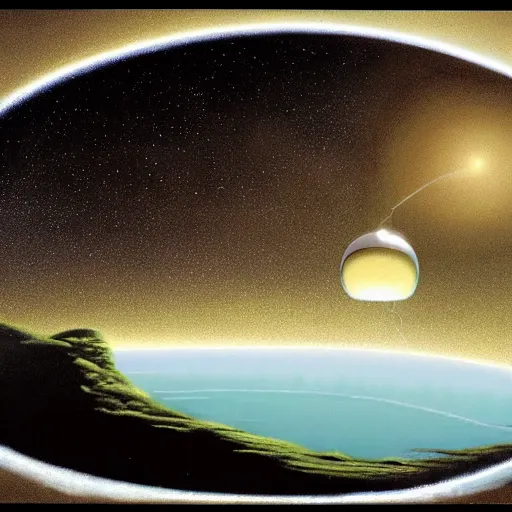 Prompt: a giant metal sphere, addorned with canadian aboriginal patterns, hovering above a lake in Yukon, Ralph McQuarrie, concept art, dramatic perspective.