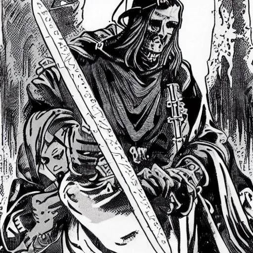 Prompt: A sword stuck in the ground, as a makeshift grave. Close Up Shot, Dark Fantasy, Film Noir, Black and White. High Contrast, Mike Mignola, D&D, OSR