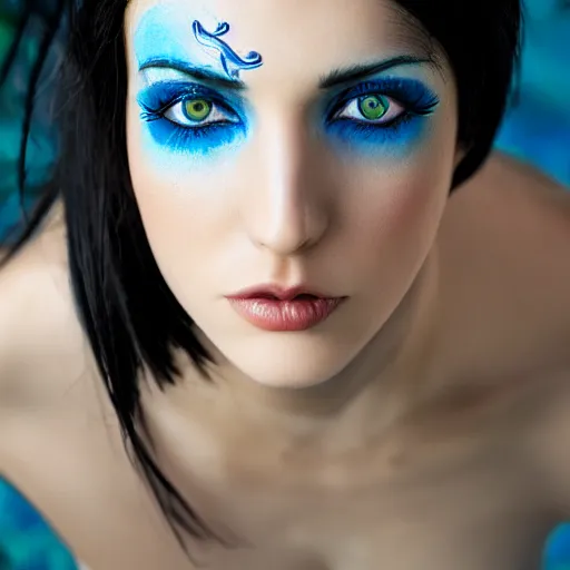 Image similar to raven haired seductive woman with stunning ocean blue irises with a beautiful face, sharp thin nose, fair skin, soft skin, long neck, and elf pointed ears showing bare shoulders