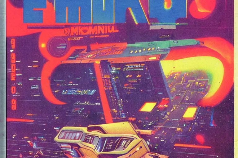 Image similar to 1979 OMNI Magazine Cover of a handheld retro electronic product with lights and cables neo-Tokyo in cyberpunk style by Vincent Di Fate