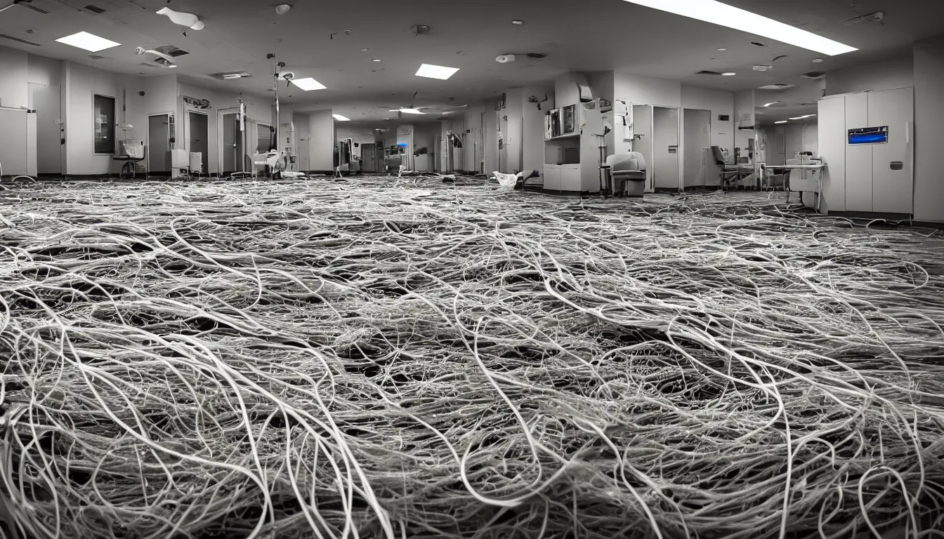 Image similar to Hospital ward floor scattered with hundreds of fish skeletons , decimated barren rooms littered with emerging wires and cables that grow like plants , full colour , upscale , 4k