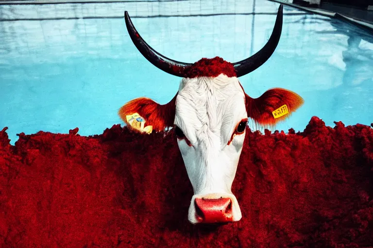 Prompt: a cow standing in a pool of blood, staring at you ominously