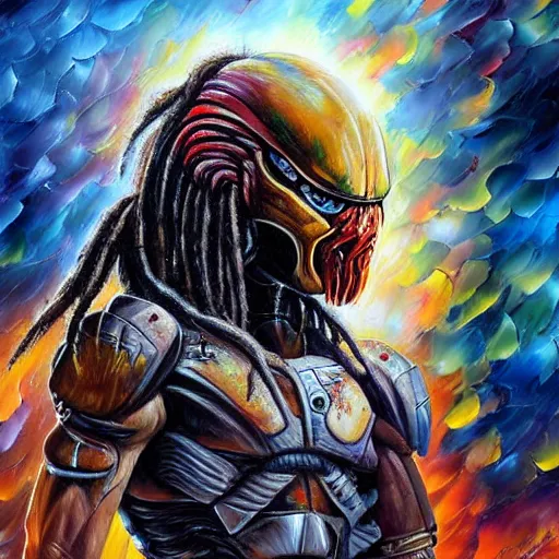 Image similar to painting of an alien with dreadlocks and high tech armor, The Predator, Yautja, by Leonid Afremov, hyperdetailed!