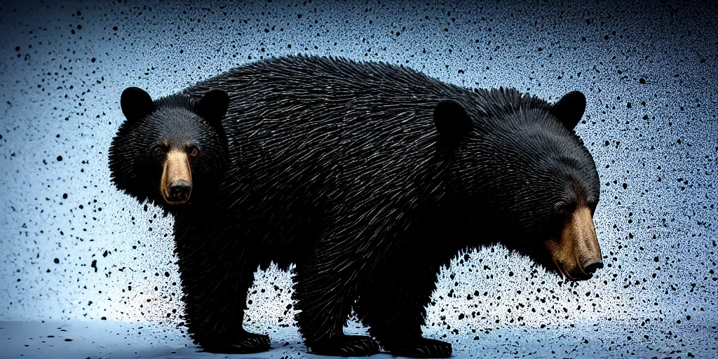 Prompt: black bear made of ferrofluid, in the zoo exhibit, viscous, sticky, full of black goo, covered with black goo, splattered black goo, dripping black goo, splattered goo, sticky black goo. photography, dslr, reflections, black goo, zoo, exhibit, v - ray, 3 d render, 8 k resolution, hyperreal