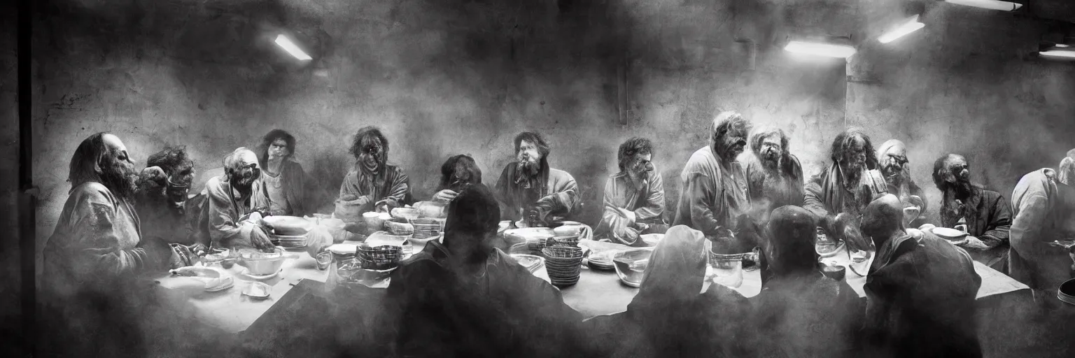 Image similar to Award Winning Editorial wide-angle picture of a Tramps in a Soup Kitchen by David Bailey and Lee Jeffries, called 'The Last Supper', 85mm ND 5, perfect lighting, gelatin silver process