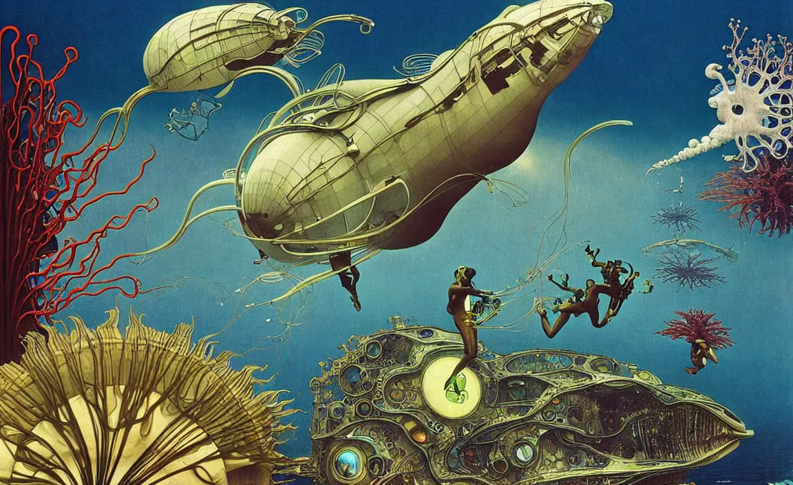 Image similar to afro - futurist scuba divers swimming away from a gigantic alien fish, hyperrealistic digital painting by denis villeneuve, amano, yves tanguy, alphonse mucha, ernst haeckel, max ernst, roger dean