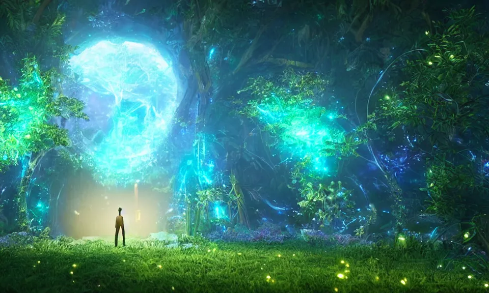 Prompt: a man standing in front of a glowing sparkling gigantic portal in a mysterious jungle, fantasy, flowery, particles, fireflies, octane render, unreal engine, artstation, digital art
