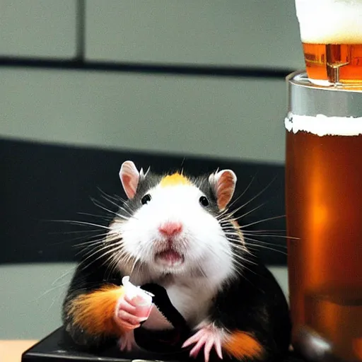 Prompt: japanese hamster samurai drinking beer in big cup