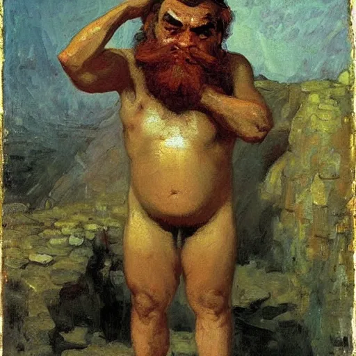 Prompt: a diamond-hungry dwarf with bulging eyes, puffed-out veins with outstretched fingers in the style of Ilya Repin