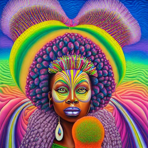 Prompt: a regal and heroic african queen with a colorful afro sitting in a cabana near a larg near a pink river with a large glowing baobab tree, by amanda sage and alex grey and evgeni gordiets in a surreal psychedelic style, symmetrical, detailed eyes, oil on canvas 8k, hd