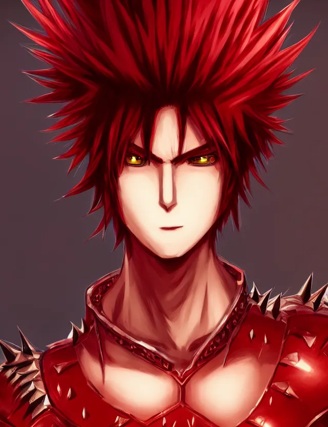 Prompt: a detailed manga portrait of a handsome tall boy with spiked crimson hair in fiery crimson crystalline armour, trending on artstation, digital art, 4 k resolution, detailed, high quality, sharp focus, hq artwork, coherent, insane detail, character portrait