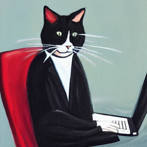 Image similar to painting of a cat in a business suit, sitting in a chair and using a laptop