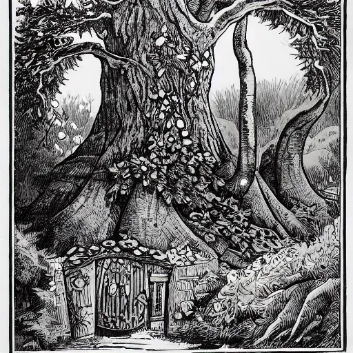 Image similar to 19th century wood-engraving , whole page illustration , art in the style of Terry Moore, a tiny village carved into the side of a tree, inhabited by elves and faeries, the outside lights are bioluminescent mushrooms and fungi intricately detailed