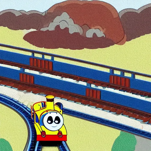 Prompt: A representation of the trolley problem featuring Thomas the Tank engine: should you pull the lever to divert the runaway trolley onto the side track?