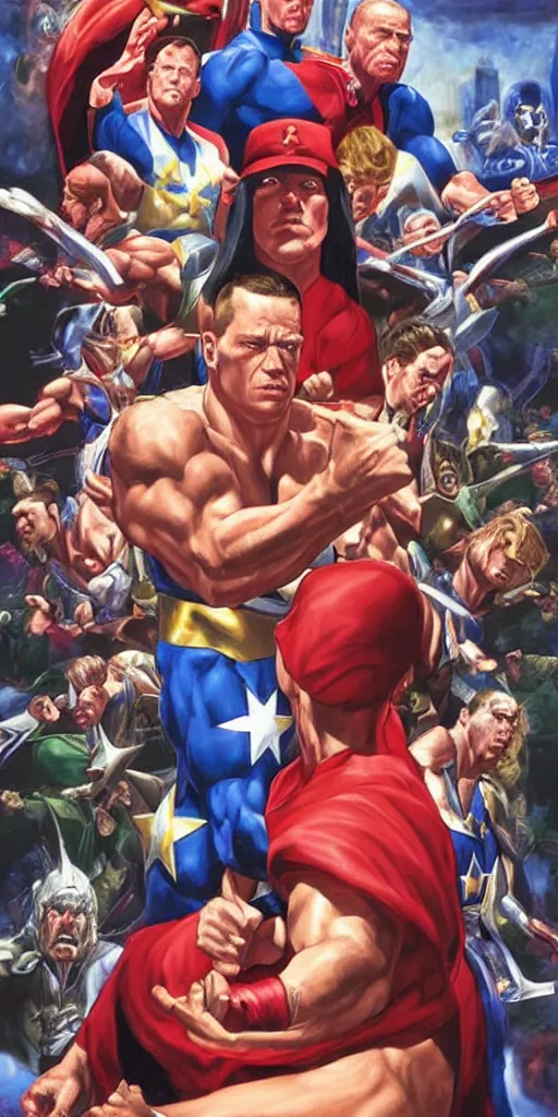 Image similar to A Kingdom Come cover featuring John Cena as PeaceMaker by Alex Ross, oil painting