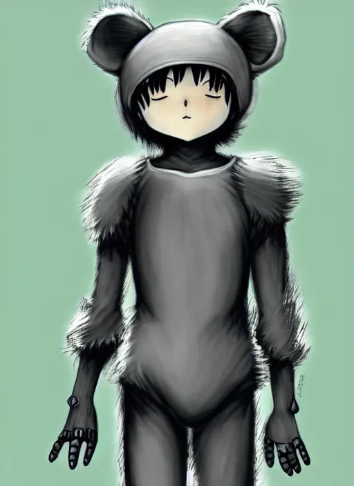 Image similar to beautiful little boy wearing an cyborg bear suit, artwork in kentaro miura and made in abyss and rosdraws, smooth, beautiful lightness, anatomically correct, trending on pixiv, forest