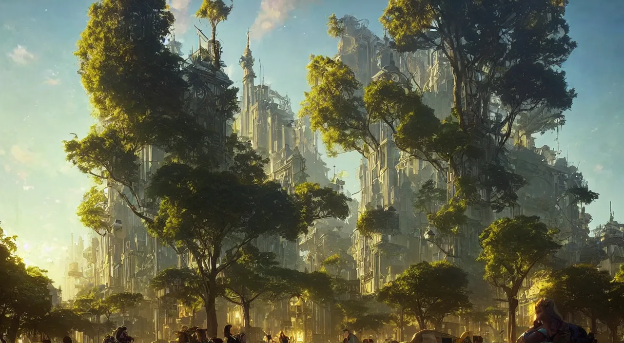 Image similar to gorgeous solarpunk city with happy people and animals, lots of beautiful trees, happy scenes, late afternoon light, wispy clouds in a blue sky, unreal engine, intricate, highly detailed, elegant, trending on artstation, sharp focus, cinematic lighting, art by greg rutkowski and alphonse mucha