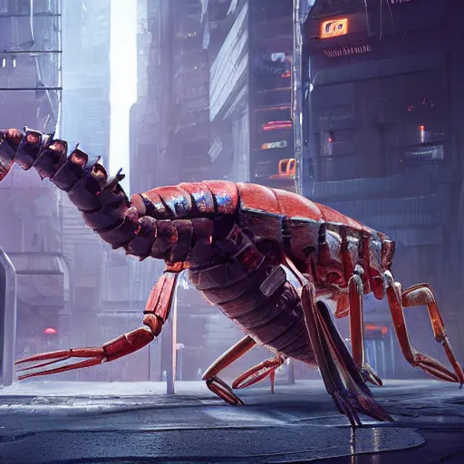 Image similar to a giant robotic shrimp standing in a dystopian city, cyberpunk, dystopian, god, evil, villain, sharp focus, dynamic lights, still, photograph, hyper realistic, masterpiece, digital, octane render, rendered, 3 d, blender, 3 d software, cinematic, cinematic lighting, dramatic lighting, dramatic, highly detailed, intricate details, texture, slime, cinematic composition