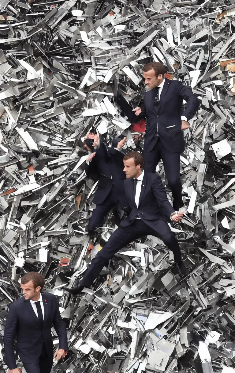 Prompt: macron at the commands of a big machine full of knifes and dollar bills