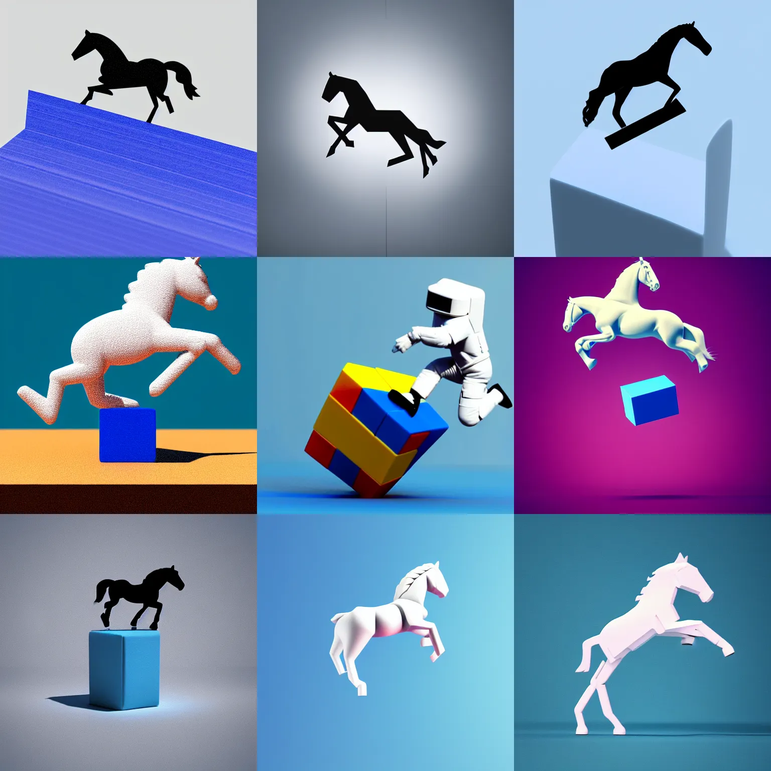 Prompt: an isometry view of a minimalistic horse jumping on top of a cube astronaut, minimalist style, 3 d render