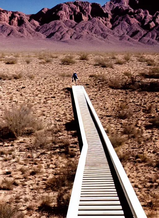 Prompt: a high quality film photograph a young man running towards the camera on the upper level of a raised walkway floating far above a vast desert oasis environment.