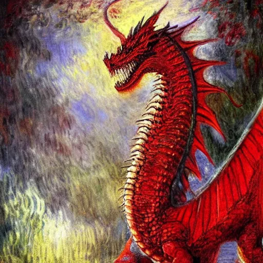 Prompt: detailed photorealistic intricate beautifully detailed ethereal, red dragon, beautiful dramatic lighting, cinematic composition, by claude monet : : rgba