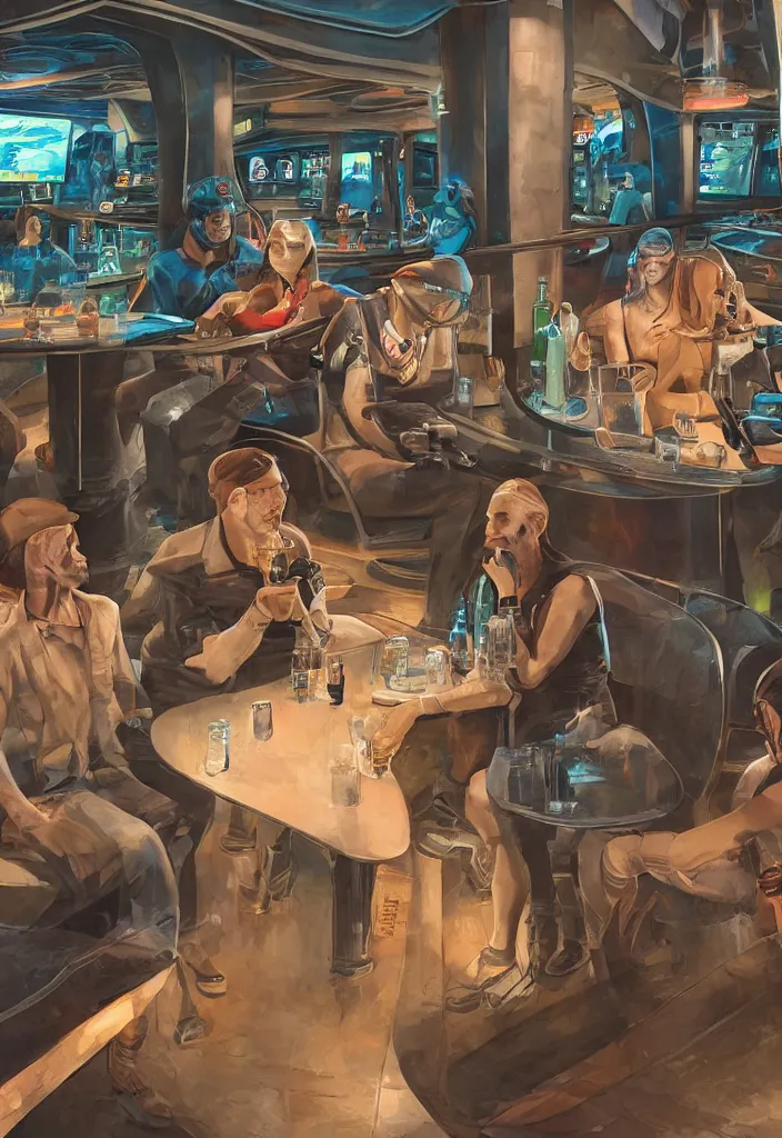 Image similar to men lost hope being looked by a girl from far away, futuristic cantina, sitting, men alone :: ultrarealistic, detailed, sharpen, 8k