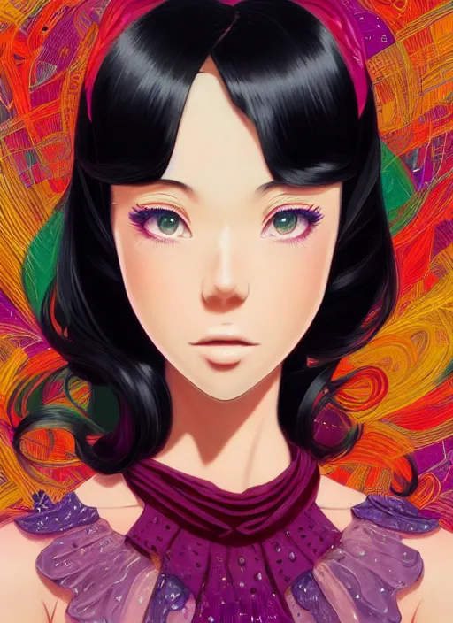 Prompt: a beautiful girl with black hair in 1970's fashion, ballroom background, intricate, highly detailed, digital painting, artstation, official media, anime key visual, concept art, rich vivid colors, ambient lighting, sharp focus, illustration, art by Artgerm, Makoto Shinkai, Ilya Kuvshinov, Lois Van Baarle, and Rossdraws