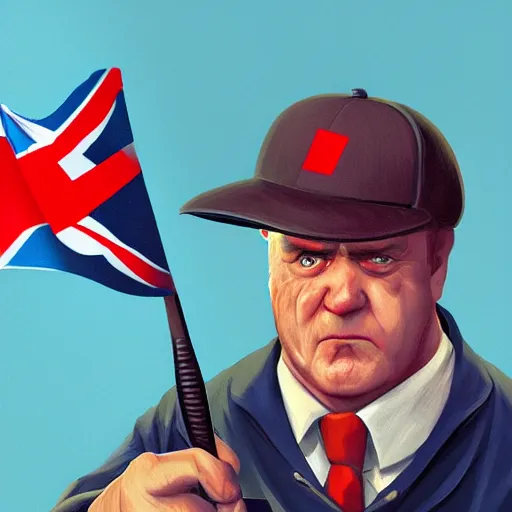 Image similar to a close up portrait of a british bully with a bat in one hand and the brexit flag in the other one, 2d, ultra highly detailed, digital painting, smooth, sharp focus, artstation, pixiv, art by Ilya Kuvshinov