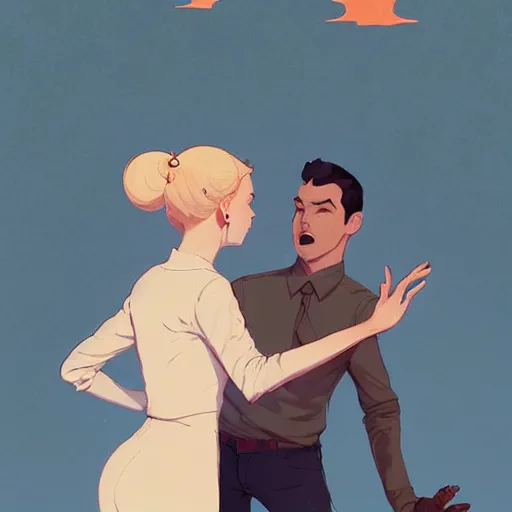 Image similar to portrait sabrina spellman and lucifer dancing by atey ghailan, by greg rutkowski, by simon stalenhag, by greg tocchini, by james gilleard, by joe fenton, by kaethe butcher dynamic lighting, gradient light blue, brown, blonde cream and white color scheme, grunge aesthetic