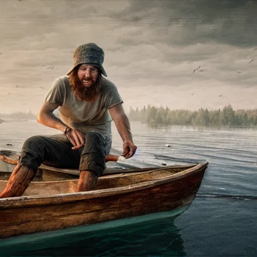 Image similar to hyperrealistic mixed media image of Early Cuyler on a rowboat, stunning 3d render inspired art by István Sándorfi and Greg Rutkowski, perfect facial symmetry, realistic, highly detailed attributes and atmosphere, dim volumetric cinematic lighting, 8k octane extremely hyper-detailed render, post-processing, masterpiece,