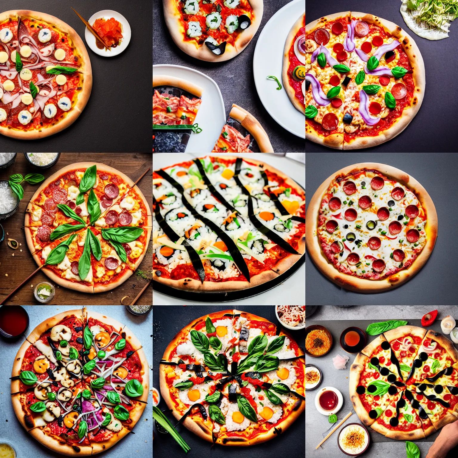 Prompt: a pizza with sushi toppings, professional food photography