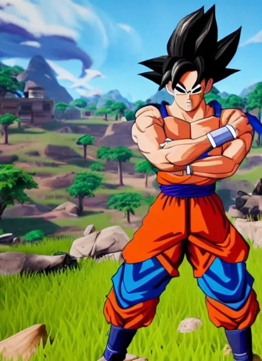 Image similar to game still of a sayan goku as a fortnite skin in fortnite, pose.