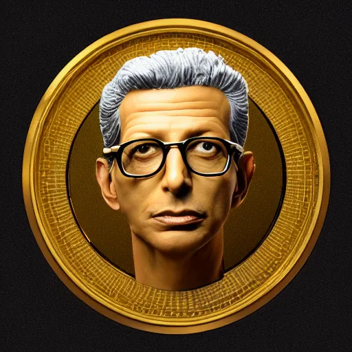 Image similar to hyperrealistic dslr film still of jeff goldblum on gold doubloon, stunning 8 k octane comprehensive 3 d render, inspired by istvan sandorfi & greg rutkowski & unreal engine, perfect symmetry, dim volumetric cinematic lighting, extremely hyper - detailed, incredibly real lifelike attributes & flesh texture, intricate, masterpiece, artstation, stunning