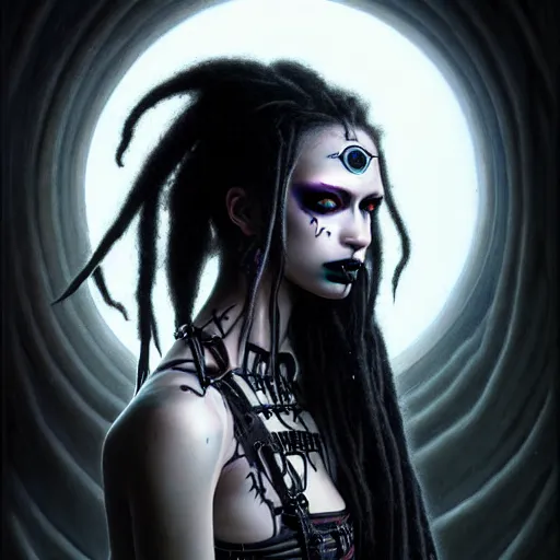 Image similar to portrait of a female cybergoth dreadlocks, dark, piercing eyes, exotic expression, esoteric clothing, photorealistic, highly detailed, mysterious lighting, artstation, smooth, sharp focus, art by michael whelan, artgerm, greg rutkowski and luis royo