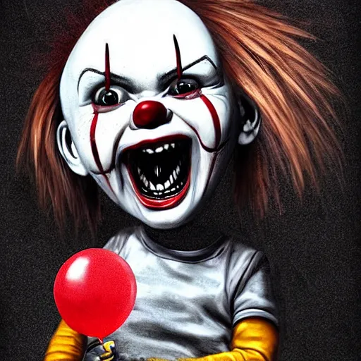 Prompt: grunge cartoon portrait sketch of chucky with a wide smile and a red balloon by - michal karcz, loony toons style, pennywise style, chucky style, horror theme, detailed, elegant, intricate