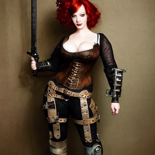 Prompt: full body photo of christina hendricks a steampunk warrior