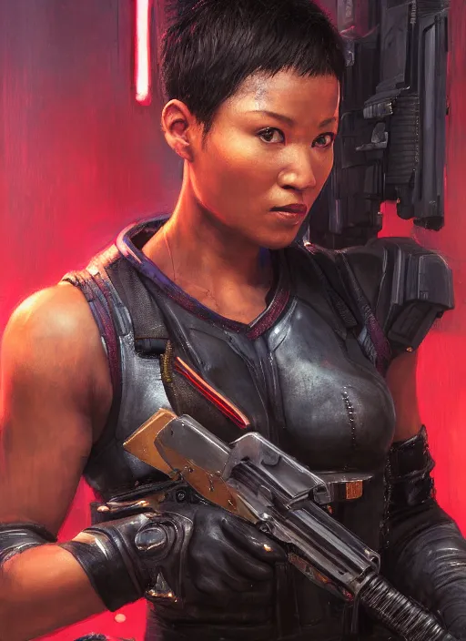 Image similar to black chun li wins. cyberpunk police trooper in a military vest ( blade runner 2 0 4 9, cyberpunk 2 0 7 7 ). orientalist portrait by john william waterhouse and james gurney and theodore ralli and nasreddine dinet, oil on canvas. cinematic, hyper realism, realistic proportions, dramatic lighting, high detail 4 k