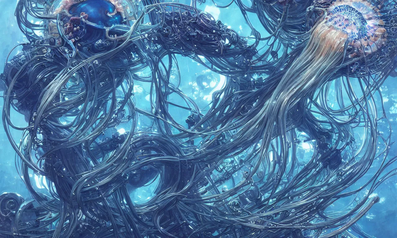 Image similar to a hyper detailed painting of a cyberpunk jellyfish, cables everywhere, blue tones, underwater, 16 mm, highly detailed, digital painting, artstation, concept art, smooth, sharp focus, illustration, art by artgerm and greg rutkowski and alphonse mucha