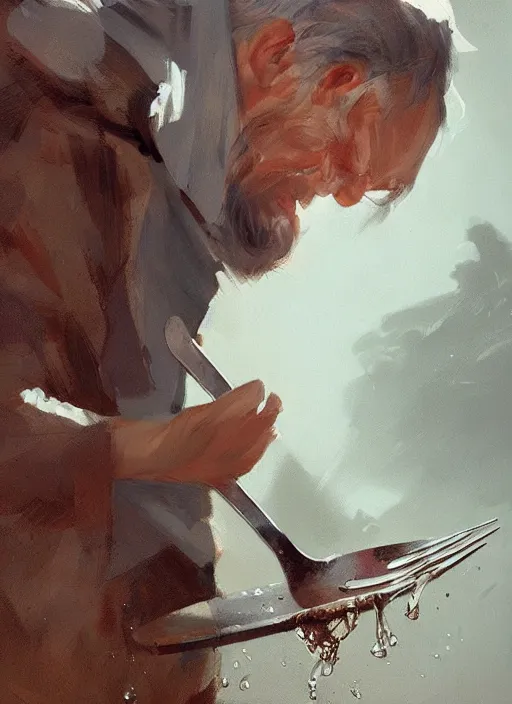 Image similar to last drop of water on the plate, a man holding fork and knife on ot, by greg rutkowski, trending on artstation, masterpiece