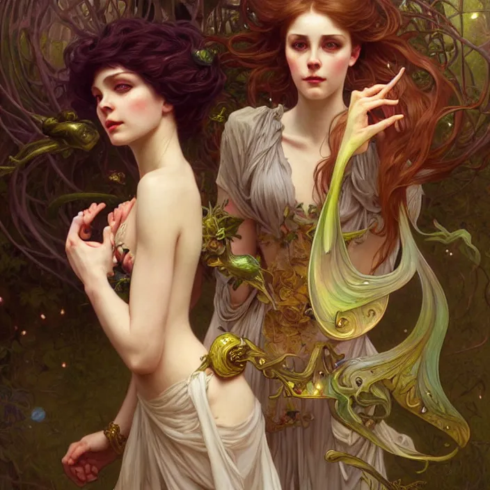 Image similar to Lyra and her dæmon, LSD, diffuse lighting, fantasy, intricate, elegant, highly detailed, lifelike, photorealistic, digital painting, artstation, illustration, concept art, smooth, sharp focus, art by John Collier and Albert Aublet and Krenz Cushart and Artem Demura and Alphonse Mucha