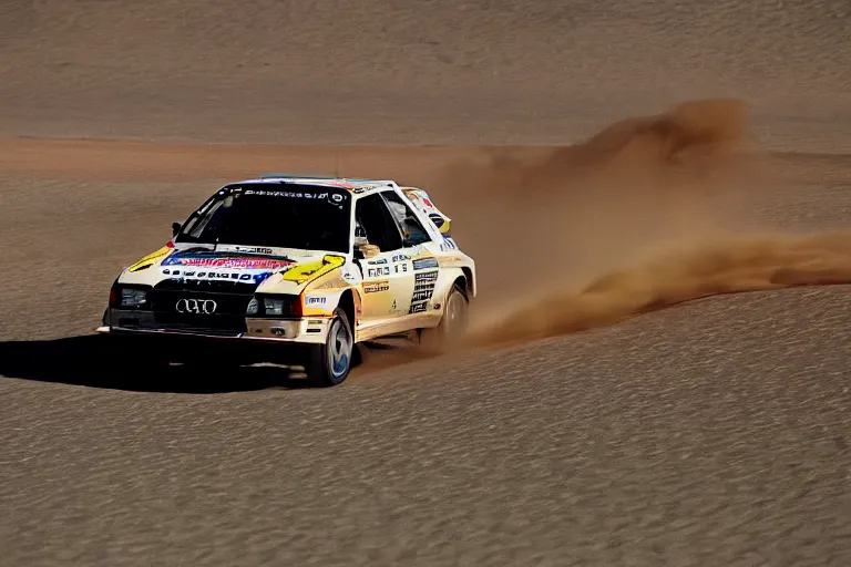 Image similar to Audi quattro rally car driving thru the desert. Cactus. Muted colors, photograph, high-speed photography, motion blur, midday, film 35mm