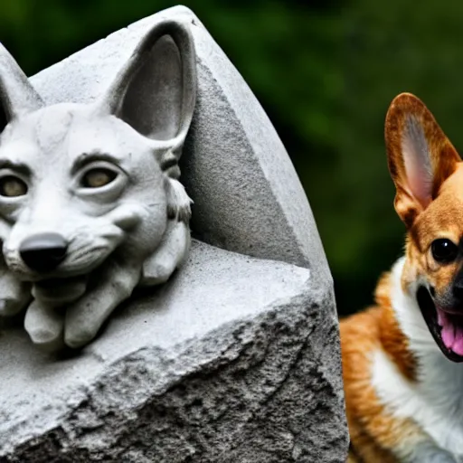 Image similar to gargoyle with the head of a corgi made of stone, uncropped, photography