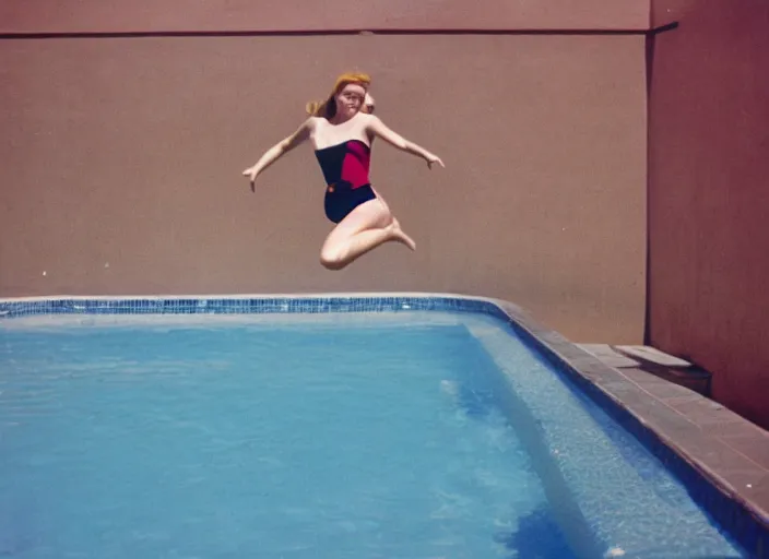 Image similar to color photo of a girl jumping down in a pool in the 8 0's