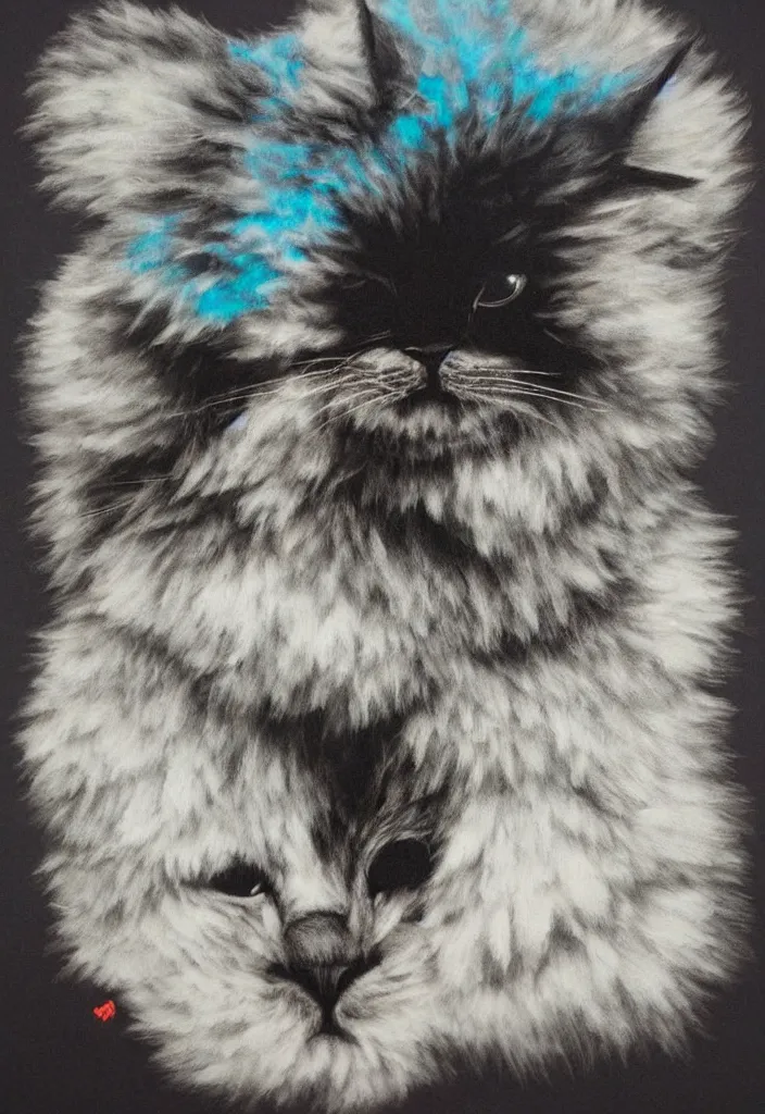 Image similar to fluffy cat with an afro comb t - shirt design, by jules julien, kaws, dark grisaille monochrome neon spraypaint, ironic surrealism, hypebeast