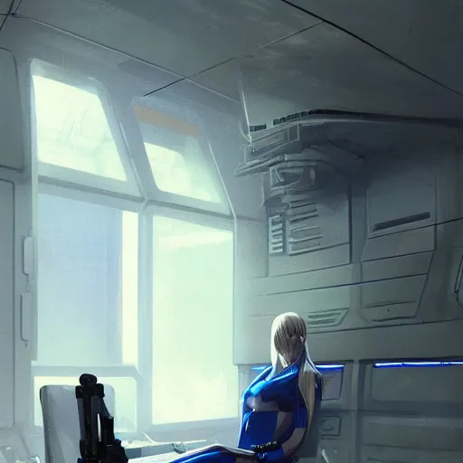 Image similar to concept art by greg rutkowski, a very tall, and slender blonde woman, wearing blue utilitarian jumpsuit, sitting in the spaceship command bridge, brutalist futuristic interior, dark lighting atmosphere, detailed portraits, nostalgic atmosphere, scifi, digital painting, artstation, concept art, smooth, sharp foccus ilustration, artstation hq