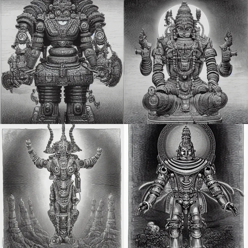 Prompt: A detailed engraving of a giant hindu robot god in the style of gustave dore